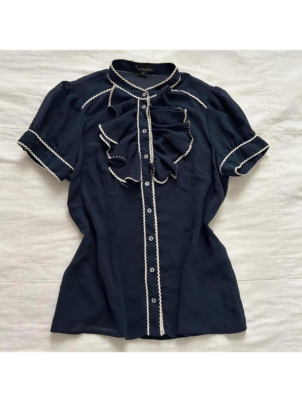 Y2K forever 21 sheer Navy blue blouse with white rick rack trim ruffle detail